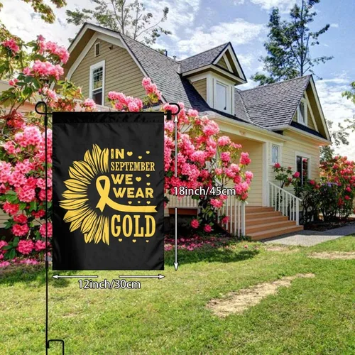 Vista 3 de Mes de concientización sobre el cáncer infantil en septiembre We Wear Gold Flag Banderas de jardín de doble cara, pancarta de bienvenida para boda