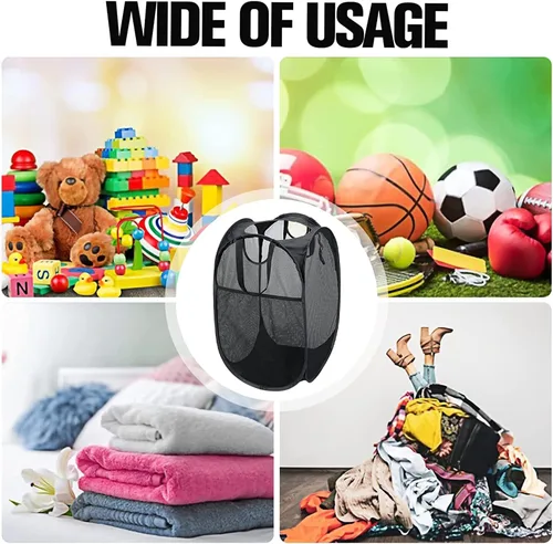 Vista 5 de AQQA Juego de 9 cestas de malla para la ropa sucia, negro/blanco/azul, asas duraderas, plegable, construcción de malla resistente, ideal para niños