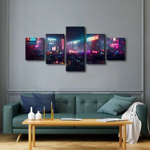Vista 4 de Póster de 5 paneles en lienzo para decoración de pared, diseño de centro urbano Cyberpunk, impresión moderna, decoración de pared para el hogar