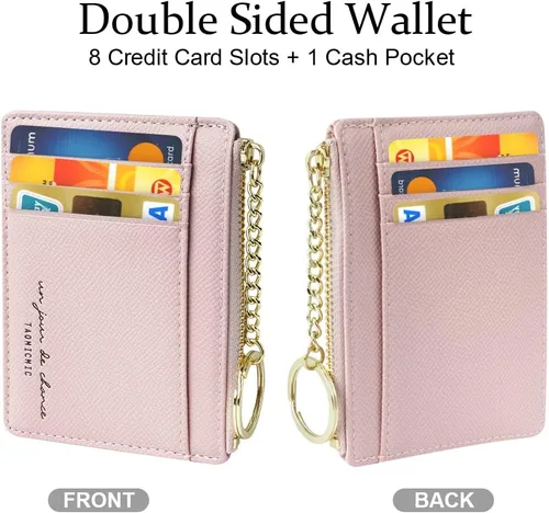 Vista 93 de URAQT Cartera para tarjetas de crédito, cartera minimalista de cuero delgado con cremallera, mini protector de tarjeta de crédito, llavero bolsillo