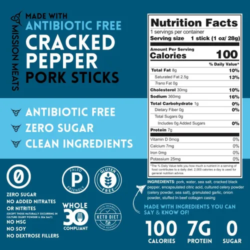 Vista 2 de Mission Meats - Palitos de cerdo de pimienta agrietada sin antibióticos sin azúcar, bocadillos keto enteros 30 sin nitratos sin nitritos, bocadillos