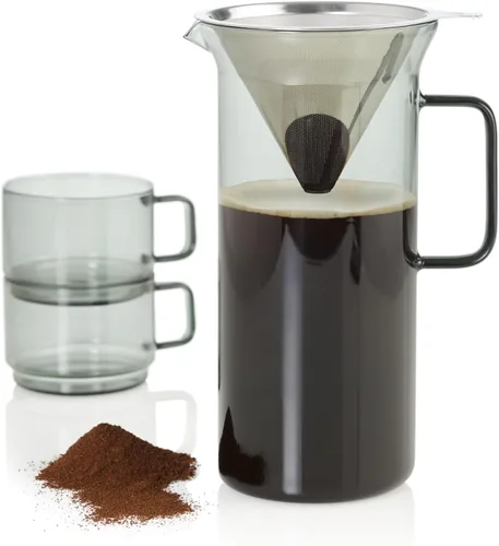 Vista 7 de AdHoc Impact Pour Over - Cafetera con recipiente de vidrio de 1 litro, filtro de acero inoxidable reutilizable de doble capa, cafetera