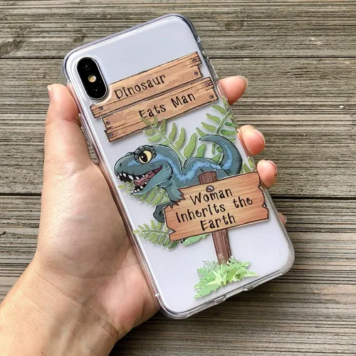 Vista 2 de Figment & Fable Funda de TPU transparente para iPhone 15 Pro Max 14 13 12 Mini 11 SE 6 7 8 Plus Dinosaurio Eats Man