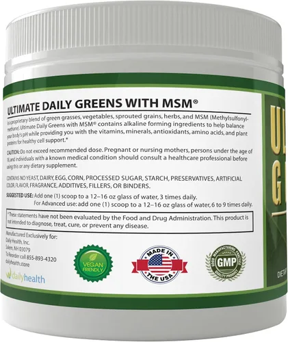 Vista 9 de Daily Health, Ultimate Greens con MSM en polvo, ingredientes naturales veganos sin gluten, soja, sin OMG, superalimento, bebida nutricional vegetal