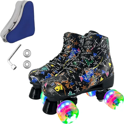 Vista 9 de Patines de ruedas para hombres y mujeres, patines Derby negros con 4 ruedas brillantes, patines clásicos de doble fila para interiores y exteriores