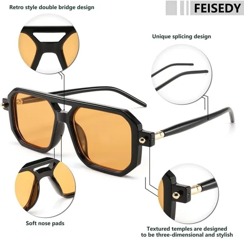 Vista 3 de Feisedy - B2622 - Lentes de sol estilo aviador, cuadrados, clásicos de los años 70, unisex, con montura clásica retro y elegante, UV400