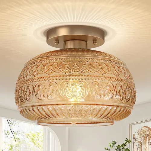 Vista 14 de Lámpara de Techo Semiempotrada, Luminaria Moderna Mejorada Cerca del Techo con Vidrio Transparente, Dorada, Iluminación Interior para Cocina