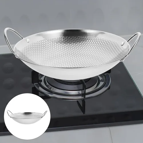 Vista 3 de Yardwe Wok Sartén de acero inoxidable Stir Fry Sartenes de 8 pulgadas Olla caliente de hierro Sartén de hierro de doble mango Olla de cocina china
