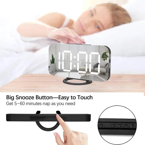 Vista 2 de Miowachi Reloj despertador digital, reloj LED de espejo grande, repetición, luz nocturna tenue, 2 puertos de cargador USB, reloj despertador de Negro