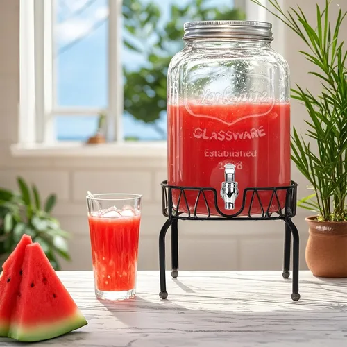 Vista 6 de Dispensador de bebidas de vidrio con soporte y tapa, un paquete de 2 galones con espita - Dispensadores de bebidas de vidrio para fiestas, bodas