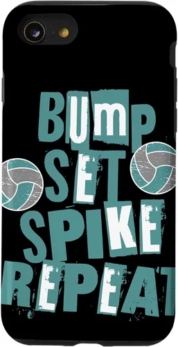 Vista 13 de iPhone 15 Parents Girls Volleyball Bump Set Spike Repeat Teal & Gray Case