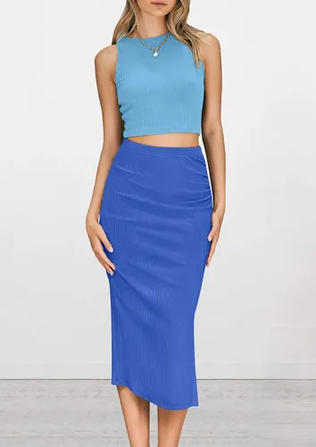 Vista 2 de PRETTYGARDEN Conjunto de 2 piezas de verano para mujer, cuello redondo, sin mangas, con abertura, falda midi