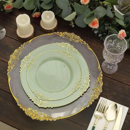 Vista 2 de Tableclothsfactory Paquete de 10 platos redondos de plástico barroco verde salvia/dorado de 8 pulgadas para ensalada de postre, vajilla desechable