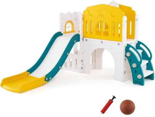 Vista 13 de Costzon Juego de tobogán infantil 8 en 1, tobogán independiente para niños con túnel, aro de baloncesto, juego de tobogán escalador para niños de 1