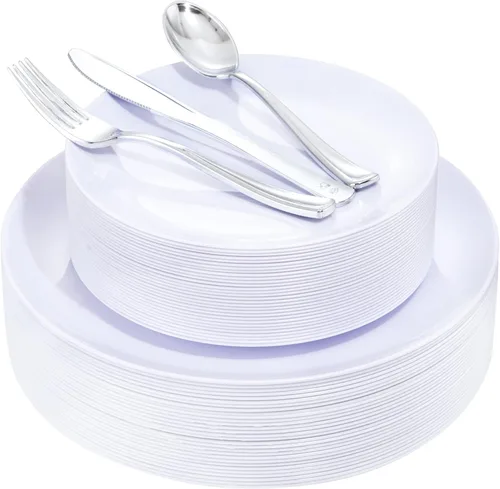 Vista 23 de YOUBET 125 piezas de platos de plástico negros y dorados - Platos desechables negros con borde dorado - Incluye 25 platos de cena, 25 platos