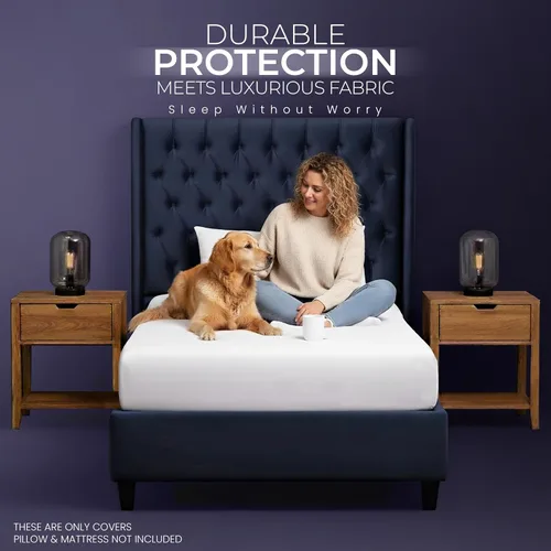 Vista 5 de Protector de colchón impermeable y funda de almohada, tamaño individual, incluye 1 protector de almohada con cremallera y 1 juego de funda