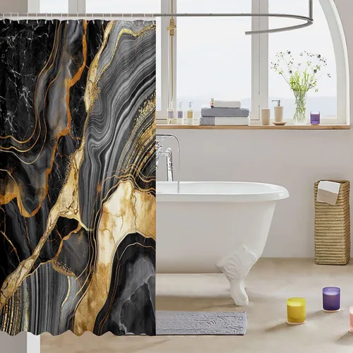 Vista 3 de Erosebridal Cortina de ducha de mármol negro, 72 pulgadas de ancho x 72 pulgadas de largo, juego de baño con grietas doradas, tela de textura