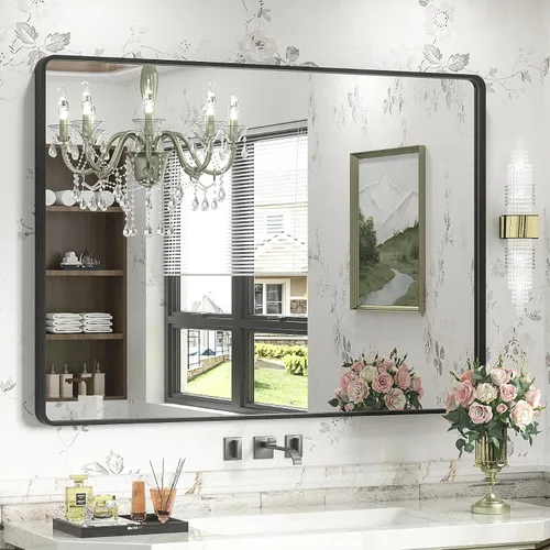 Vista 148 de Paquete de 2 espejos de baño con marco de metal negro de 22 x 30 pulgadas, espejo rectangular redondeado negro mate, antioxidante, se cuelga