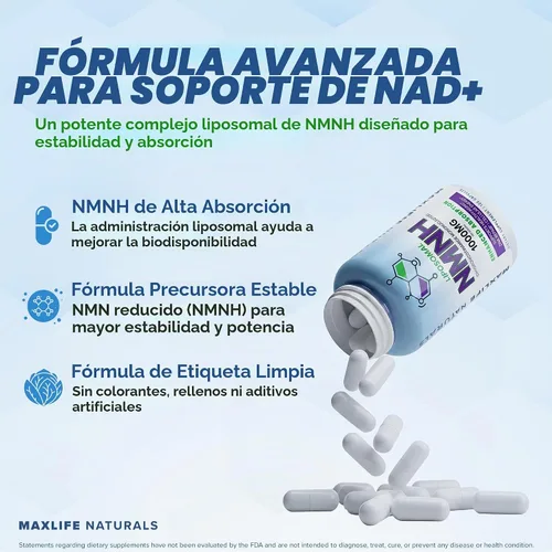 Vista 4 de MAXLIFE NATURALS NMNH Suplemento 1000mg 120 Cápsulas Fórmula liposomal