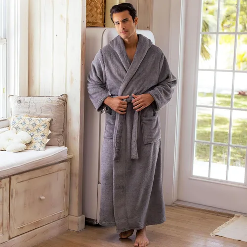 Vista 3 de Alexander Del Rossa Bata de baño de vellón afelpado suave, con capucha, para hombre, bata larga y cálida