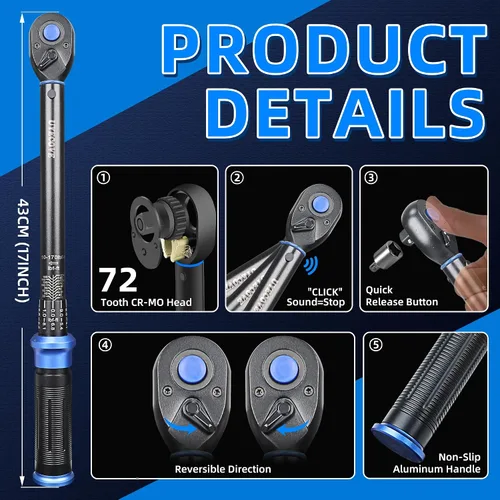 Vista 4 de Llave dinamométrica de 1/2 pulgada con clic de doble dirección, llave dinamométrica profesional de clic de doble dirección 10-170