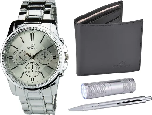 Vista 2 de Regalo Set Reloj Hombre Plata - Lámpara LED LED - Billetera - Pluma, plateado, Moderno