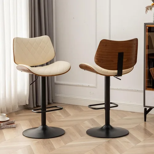 Vista 6 de LUNLING Taburetes de bar giratorios con respaldo y reposapiés, taburetes de mostrador modernos ajustables de mediados de siglo, sillas de bar Beige