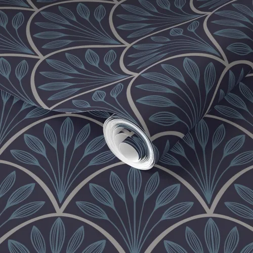 Vista 2 de Spoonflower Art Deco Leaves Pre-Pasted Removable Wallpaper Sample 12" x 24" 1920 1930S Flappers Vintage Blue Navy Water-activated, simple to
