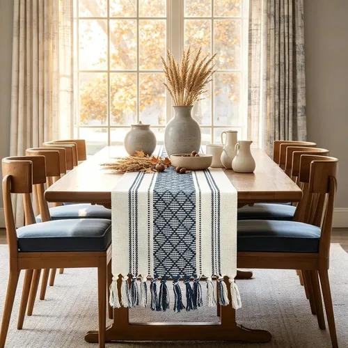 Vista 11 de Camino de mesa de otoño con borlas, camino de mesa tejido bohemio color crema para decoración de otoño de Acción de Gracias, camino de mesa auxiliar