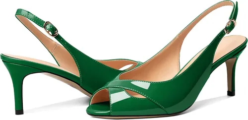 Vista 4 de AUMOTED Zapatos de vestir lisos para mujer, con puntera abierta, tacón medio, de charol y correa ajustable sexy, de 2.5 pulgadas
