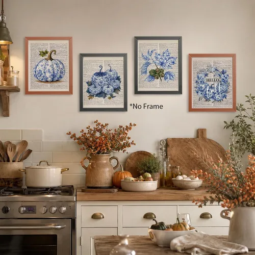 Vista 2 de AEHIE Chinoiserie Fall Pumpkin Wall Art Poster Prints Decor 4pcs 8x10 Blue and White Autumn Pumpkin Floral Maple Leaf Decorations Prints Wall Art