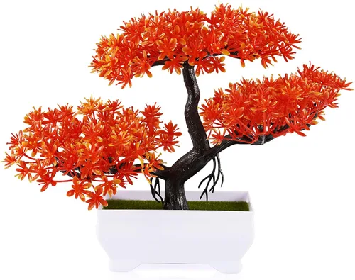 Vista 8 de Mini plantas de bonsái artificiales con macetas de cemento de plástico para la decoración del hogar y la oficina (verde)