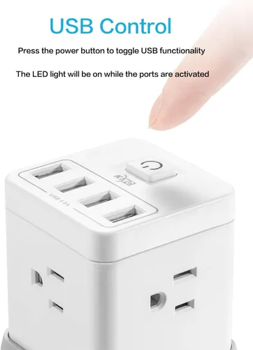 Vista 6 de KMC Regleta protectora de sobretensiones, enchufe de alimentación portátil con 4 puertos USB de 4.8 A y control de interruptor, cable de extensión