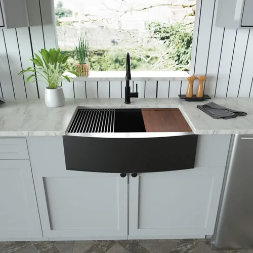 Vista 3 de Fregadero de Cocina Negro Estilo Granja - Mocoloo 33 Pulgadas Fregaderos Bajo Encimera Negro Metálico Acero Inoxidable Calibre 16 Delantal Un Solo