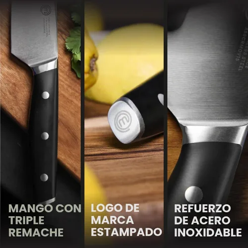 Vista 4 de MasterChef Juego de cuchillos de chef de 3 piezas de calidad profesional (chef, Santoku y de pelar) para cocina casera de precisión, hojas de acero