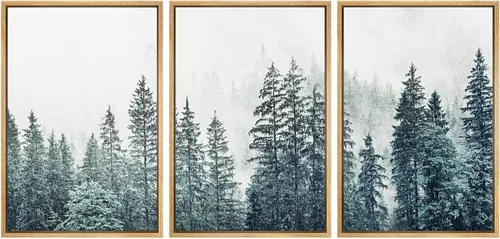 Vista 8 de SIGNWIN - 3 cuadros en lienzo enmarcados, modernos, elegantes, de textura de grano, pinos de montaña con niebla y naturaleza silvestre para sala