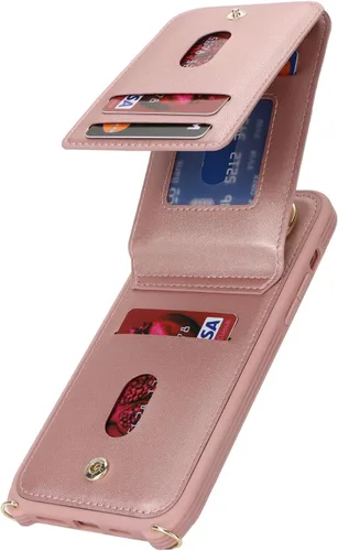 Vista 5 de Funda para iPhone 13 Pro Max, de piel sintética con tarjetero para mujer, 7 ranuras, función atril, absorbente de golpes, color oro rosa