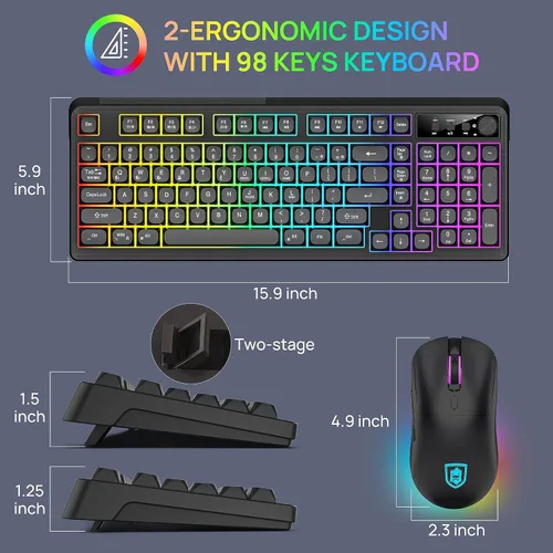 Vista 8 de KOLMAX BT98 - Combo de teclado y mouse inalámbricos, triple modo de 2.4 Gcon cableBluetooth, teclado y mouse para juegos, ergonómico recargable