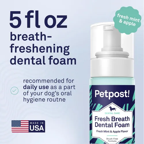 Vista 6 de Petpost Fresh Breath Foam for Dogs - Solución dental con sabor a menta y manzana que elimina el mal aliento - Tratamiento de limpieza dental