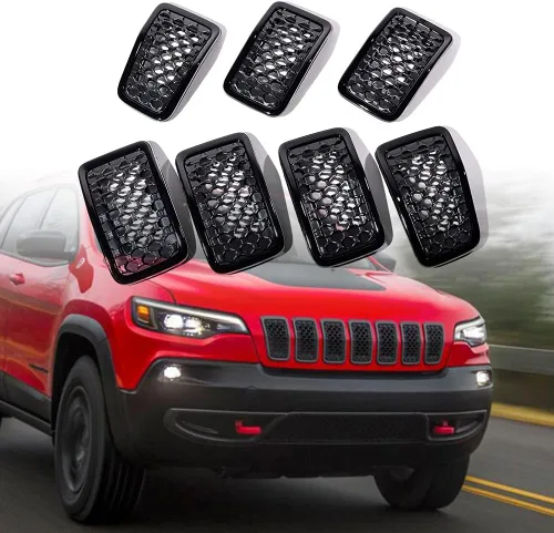 Vista 10 de Juego de 7 piezas de insertos de parrilla delantera negra estilo malla de panal compatible con Jeep Cherokee 2014-2018 Malla negra mate + ribete