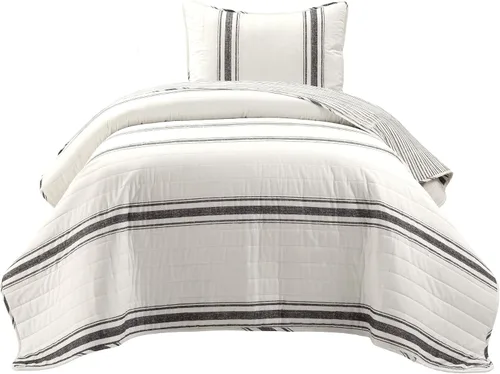 Vista 8 de Lush Decor Juego de edredón reversible a rayas de granja, juego de 2 piezas, individual XL, color negro, juego de ropa de cama de tamaño individual