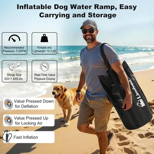 Vista 7 de Rampa inflable para perros de hasta 240 libras, plataforma flotante con espuma EVA antideslizante, segura y fácil acceso al agua, rampa para perros