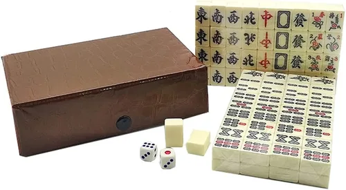Vista 2 de Mini Mahjong 144 azulejos chinos Mahjong con 2 dados caja de cuero portátil de viaje mahjong viajes entretenimiento Mahjong para adultos, familias