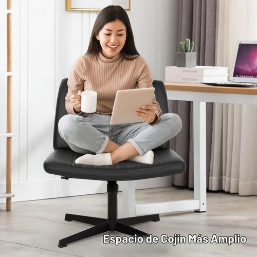 Vista 2 de Silla cruzada sin brazos, silla de oficina con patas cruzadas, cómoda silla de tocador con respaldo, silla de escritorio giratoria ancha ajustable