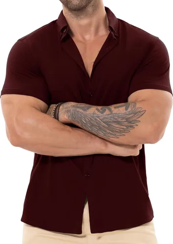 Vista 2 de Askdeer Camisas de ajuste muscular para hombre, sin arrugas, manga corta, casual, elástica, ajustada, con botones