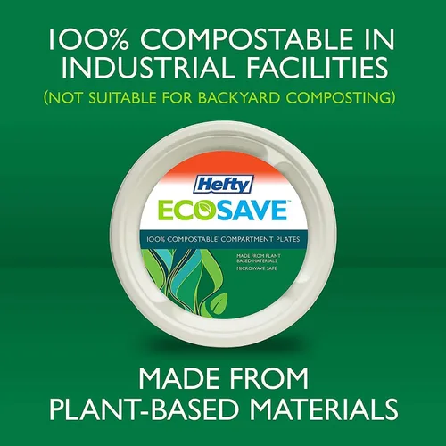 Vista 2 de Hefty EcoSave - Platos desechables con compartimentos, hechos de materiales a base de plantas, platos de papel resistentes, 10 ¼ pulgadas, 16