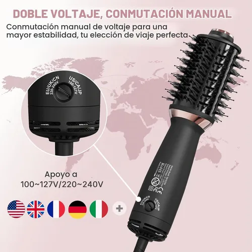 Vista 3 de Mini cepillo secador de pelo de doble voltaje, cepillo de aire caliente 2 en 1 para viajes, secador de pelo de un paso y estilizador para secar