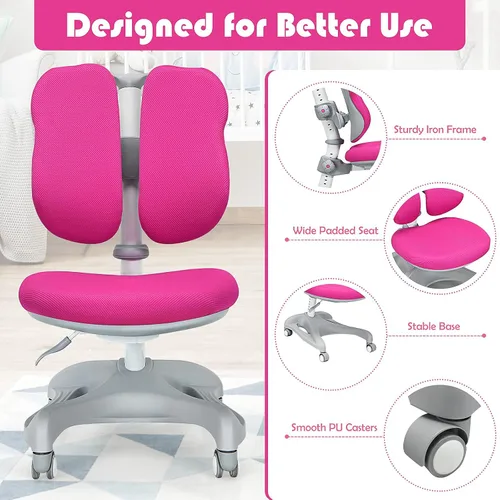 Vista 8 de Costzon Silla para niños, silla de estudiante de altura ajustable con ruedas de freno para sentarse, soporte lumbar, profundidad del asiento
