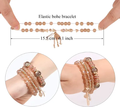 Vista 3 de Twinfree Pulseras bohemias para mujer, pulsera elástica de cuentas de colores multicapa con dije de joyería