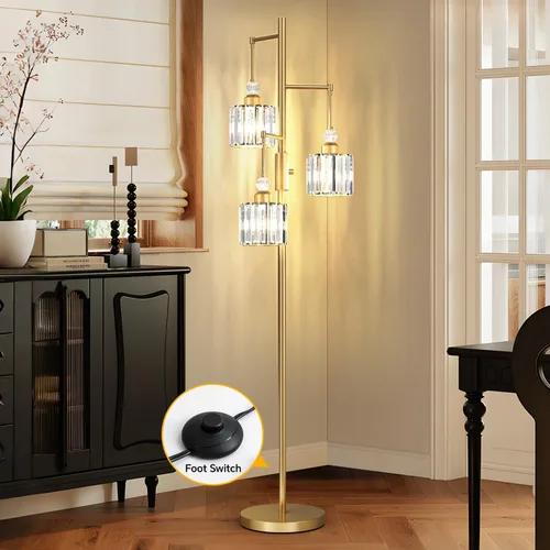 Vista 7 de Lámpara de pie de árbol negro con 3 pantallas de jaula de cristal y bombillas regulables, lámpara de pie vintage de 70 pulgadas para sala de estar